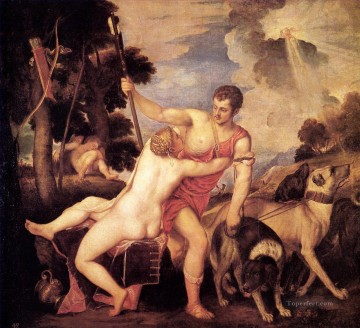 ヌード Painting - ヴィーナスとアドニス 1553 年のヌード ティツィアーノ ティツィアーノ